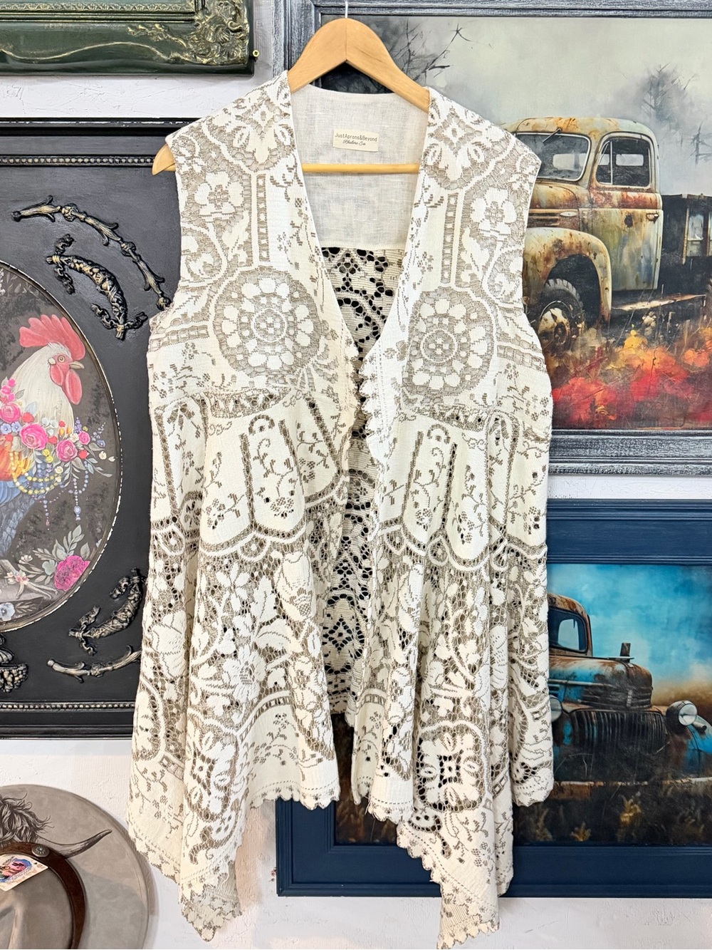 Anthropologie Cream and Taupe Crochet Lace Overlay Vest, up-cycling tablecloth